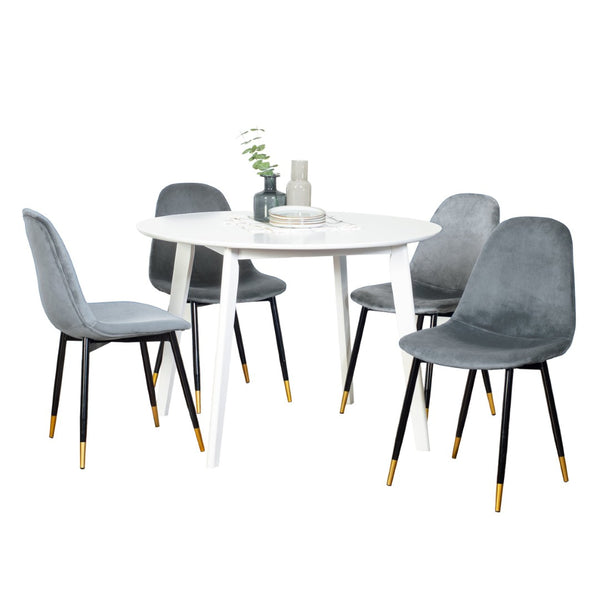 English Elm Lassan Glam Round Dining Set Velvet Chairs Gold Legs White MDF Table Seats Four T2574S00066
