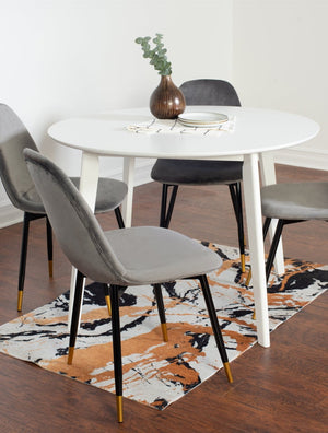 English Elm Lassan Glam Round Dining Set Velvet Chairs Gold Legs White MDF Table Seats Four T2574S00066