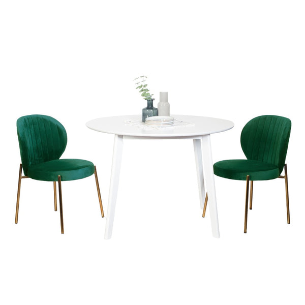 English Elm Amoa Glam Round Dining Set Velvet Chairs Gold Metal Frames White MDF Table Seats Two T2574S00069