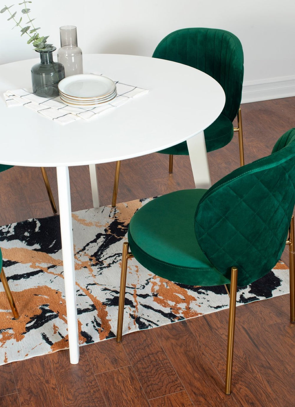 English Elm Amoa Glam Round Dining Set Velvet Chairs Gold Metal Frames White MDF Table Seats Two T2574S00069