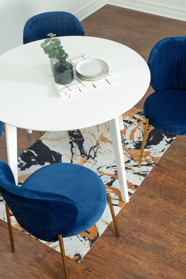 English Elm Amoa Round Dining Set Five Piece Velvet Chairs Gold Metal Frame White Table T2574S00071