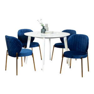 English Elm Amoa Round Dining Set Five Piece Velvet Chairs Gold Metal Frame White Table T2574S00071