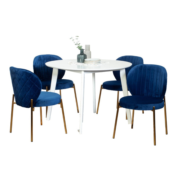 English Elm Amoa Round Dining Set Five Piece Velvet Chairs Gold Metal Frame White Table T2574S00071