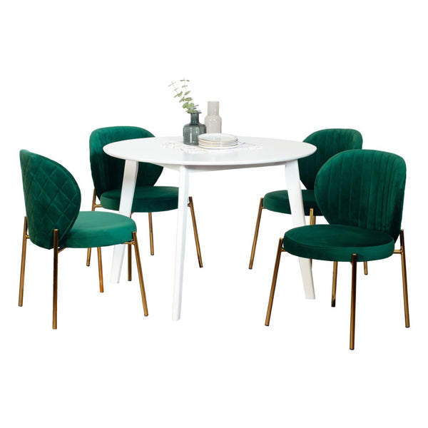 English Elm Amoa Contemporary Round Dining Set Velvet Chairs Gold Metal Frames White Table T2574S00072