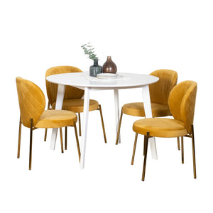 English Elm Amoa Contemporary Round White Dining Set Velvet Chairs Gold Metal Frames 5 Piece T2574S00073