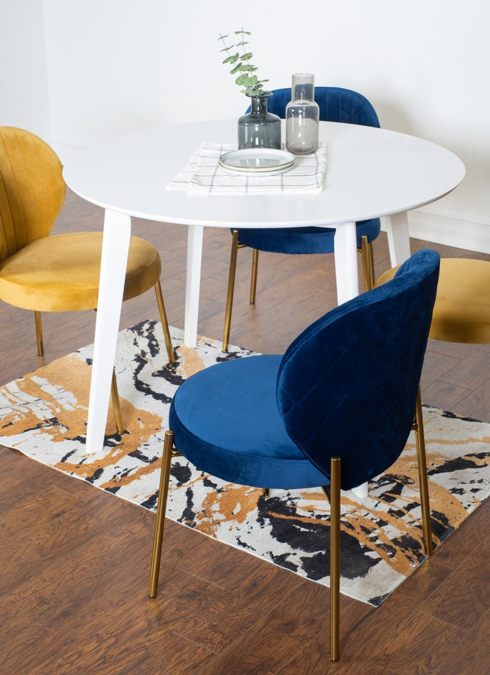 English Elm Amoa Glam Round Dining Set Velvet Chairs Gold Frames White Table Seats Four T2574S00074
