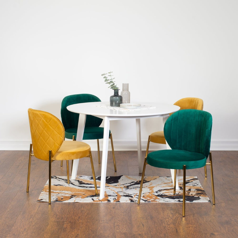English Elm Amoa Round White Dining Set with Velvet Chairs and Gold Metal Frames for Five T2574S00075