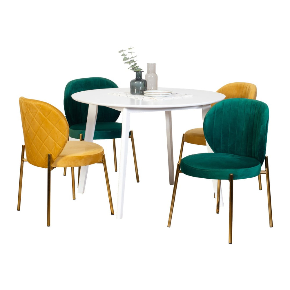 English Elm Amoa Round White Dining Set with Velvet Chairs and Gold Metal Frames for Five T2574S00075