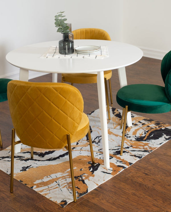 English Elm Amoa Round White Dining Set with Velvet Chairs and Gold Metal Frames for Five T2574S00075