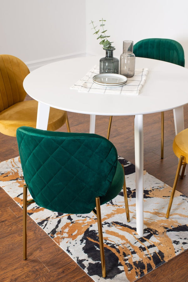English Elm Amoa Round White Dining Set with Velvet Chairs and Gold Metal Frames for Five T2574S00075