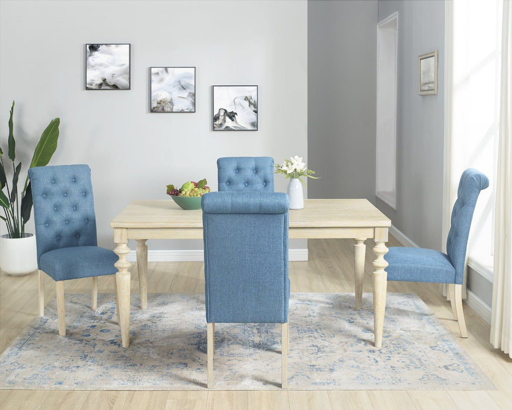 English Elm Amonia 5 Piece Traditional Dining Set Turned Leg Table with Tufted Parsons Chairs Blue+Brown T2574S00087