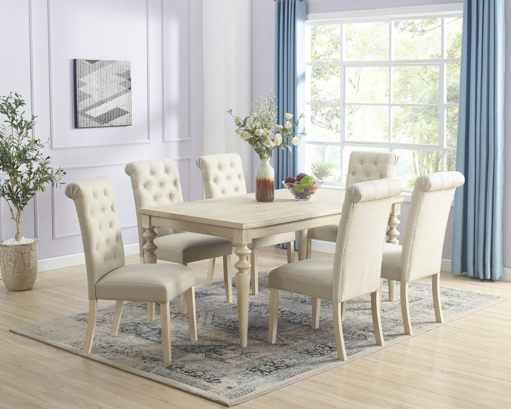 English Elm Amonia Seven Piece Dining Set Turned Leg Table with Six Button Tufted Parsons Chairs T2574S00097