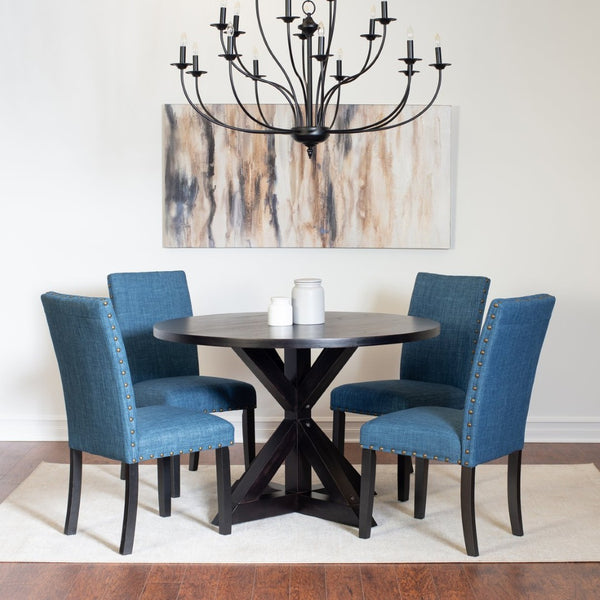 English Elm Mytzi Round Oak Veneer Dining Set 5 Piece with Nailhead Upholstered Chairs T2574S00099