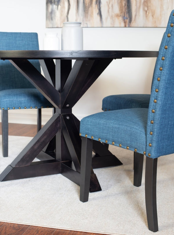 English Elm Mytzi Round Oak Veneer Dining Set 5 Piece with Nailhead Upholstered Chairs T2574S00099