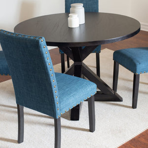 English Elm Mytzi Round Oak Veneer Dining Set 5 Piece with Nailhead Upholstered Chairs T2574S00099