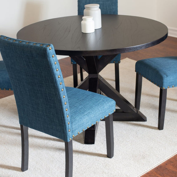English Elm Mytzi Round Oak Veneer Dining Set 5 Piece with Nailhead Upholstered Chairs T2574S00099