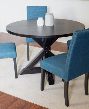 English Elm Mytzi Round Oak Veneer Dining Set 5 Piece with Nailhead Upholstered Chairs T2574S00099