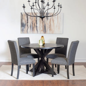 English Elm Mytzi Round Oak Veneer Dining Set Seats Four with Nailhead Chair Accents T2574S00100