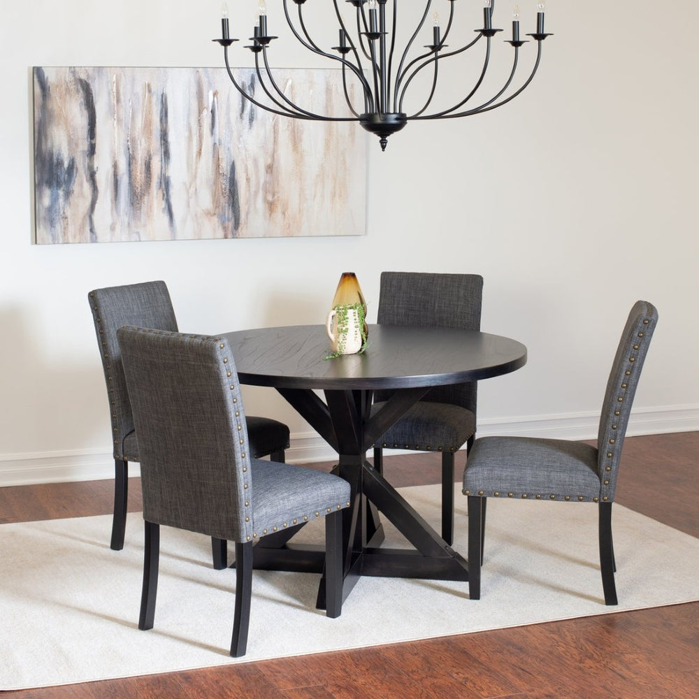English Elm Mytzi Round Oak Veneer Dining Set Seats Four with Nailhead Chair Accents T2574S00100