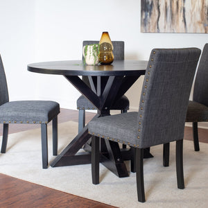 English Elm Mytzi Round Oak Veneer Dining Set Seats Four with Nailhead Chair Accents T2574S00100