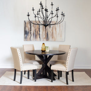 English Elm Mytzi Round Oak Veneer Dining Set with Cross Buck Base and Nailhead Upholstered Chairs T2574S00101