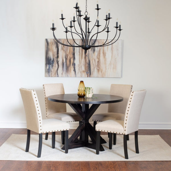 English Elm Mytzi Round Oak Veneer Dining Set with Cross Buck Base and Nailhead Upholstered Chairs T2574S00101