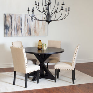 English Elm Mytzi Round Oak Veneer Dining Set with Cross Buck Base and Nailhead Upholstered Chairs T2574S00101