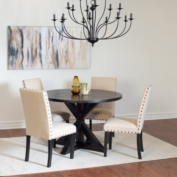 English Elm Mytzi Round Oak Veneer Dining Set with Cross Buck Base and Nailhead Upholstered Chairs T2574S00101