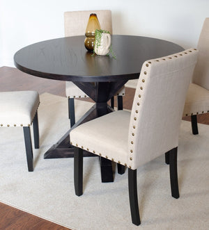 English Elm Mytzi Round Oak Veneer Dining Set with Cross Buck Base and Nailhead Upholstered Chairs T2574S00101