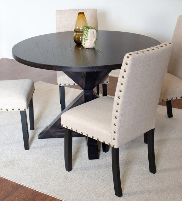 English Elm Mytzi Round Oak Veneer Dining Set with Cross Buck Base and Nailhead Upholstered Chairs T2574S00101