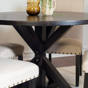 English Elm Mytzi Round Oak Veneer Dining Set with Cross Buck Base and Nailhead Upholstered Chairs T2574S00101