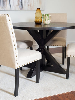 English Elm Mytzi Round Oak Veneer Dining Set with Cross Buck Base and Nailhead Upholstered Chairs T2574S00101