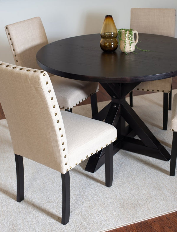 English Elm Mytzi Round Oak Veneer Dining Set with Cross Buck Base and Nailhead Upholstered Chairs T2574S00101