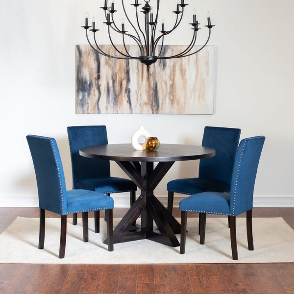 English Elm Enbridge Round Oak Veneer Dining Set with Sculptural Pedestal Base and Velvet Chairs Black - A T2574S00103