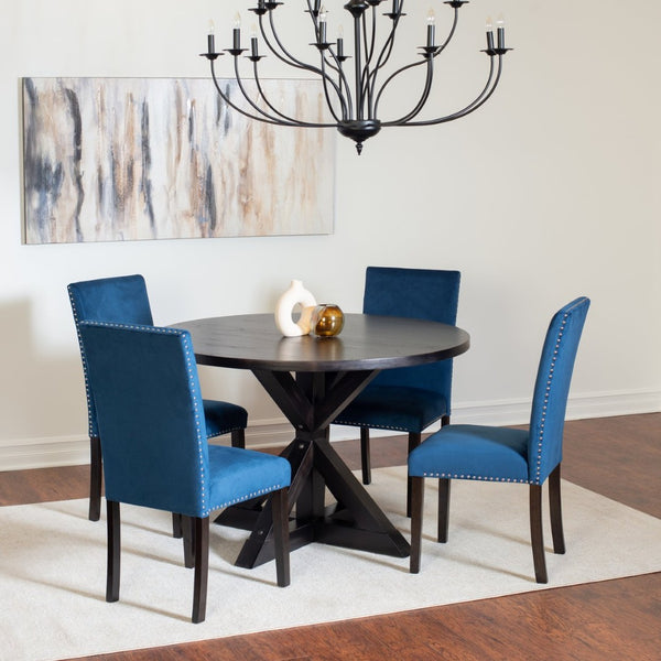 English Elm Enbridge Round Oak Veneer Dining Set with Sculptural Pedestal Base and Velvet Chairs Black - A T2574S00103