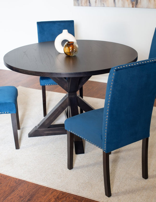 English Elm Enbridge Round Oak Veneer Dining Set with Sculptural Pedestal Base and Velvet Chairs Black - A T2574S00103