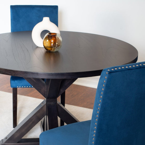 English Elm Enbridge Round Oak Veneer Dining Set with Sculptural Pedestal Base and Velvet Chairs Black - A T2574S00103