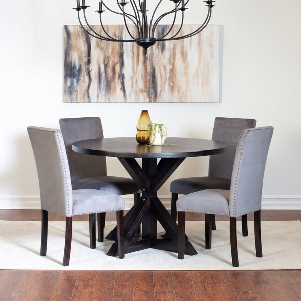English Elm Enbridge Round Oak Veneer Dining Set with Sculptural Pedestal Base and Velvet Chairs Black - B T2574S00104