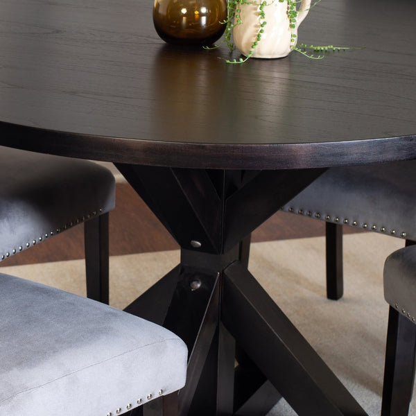 English Elm Enbridge Round Oak Veneer Dining Set with Sculptural Pedestal Base and Velvet Chairs Black - B T2574S00104