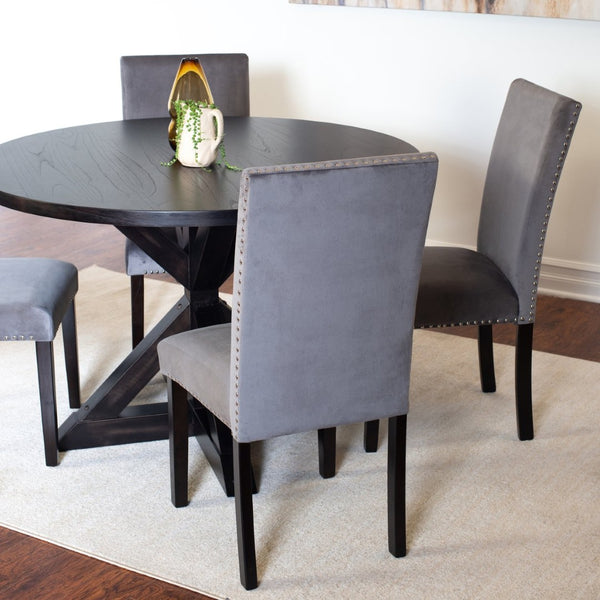 English Elm Enbridge Round Oak Veneer Dining Set with Sculptural Pedestal Base and Velvet Chairs Black - B T2574S00104