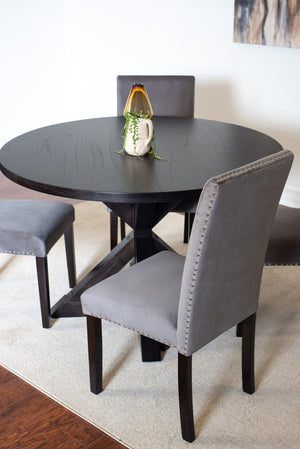 English Elm Enbridge Round Oak Veneer Dining Set with Sculptural Pedestal Base and Velvet Chairs Black - B T2574S00104