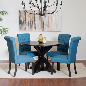 English Elm Nylander Round Oak Farmhouse Dining Set with Tufted Chairs and Cross Buck Pedestal T2574S00105