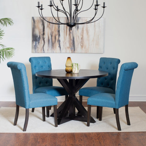 English Elm Nylander Round Oak Farmhouse Dining Set with Tufted Chairs and Cross Buck Pedestal T2574S00105