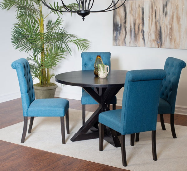 English Elm Nylander Round Oak Farmhouse Dining Set with Tufted Chairs and Cross Buck Pedestal T2574S00105