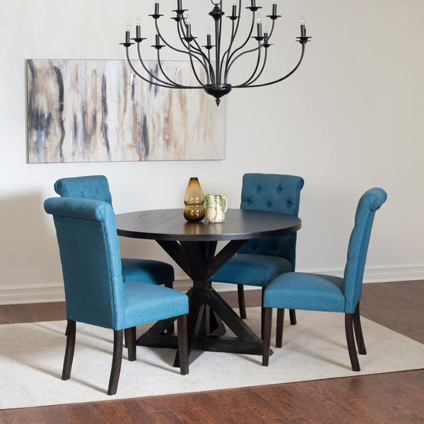 English Elm Nylander Round Oak Farmhouse Dining Set with Tufted Chairs and Cross Buck Pedestal T2574S00105