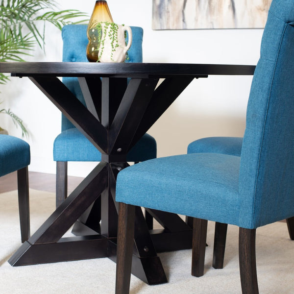 English Elm Nylander Round Oak Farmhouse Dining Set with Tufted Chairs and Cross Buck Pedestal T2574S00105