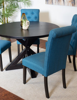 English Elm Nylander Round Oak Farmhouse Dining Set with Tufted Chairs and Cross Buck Pedestal T2574S00105