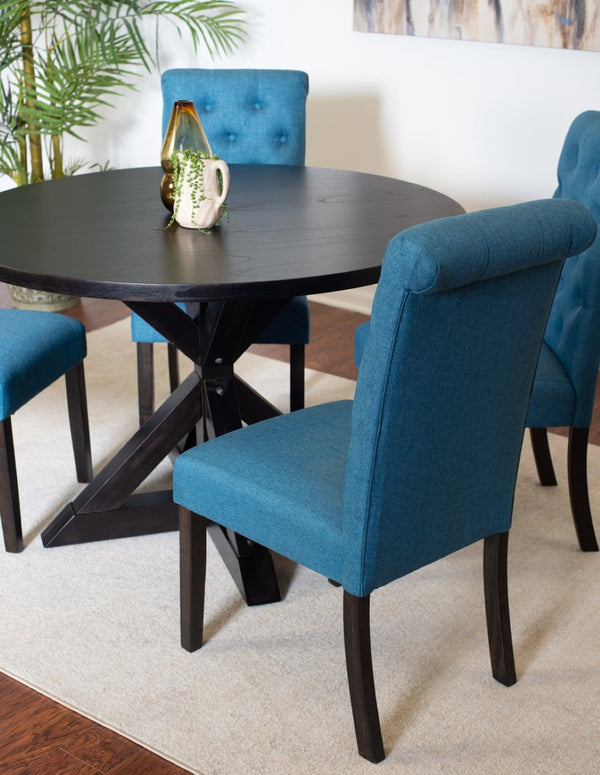 English Elm Nylander Round Oak Farmhouse Dining Set with Tufted Chairs and Cross Buck Pedestal T2574S00105
