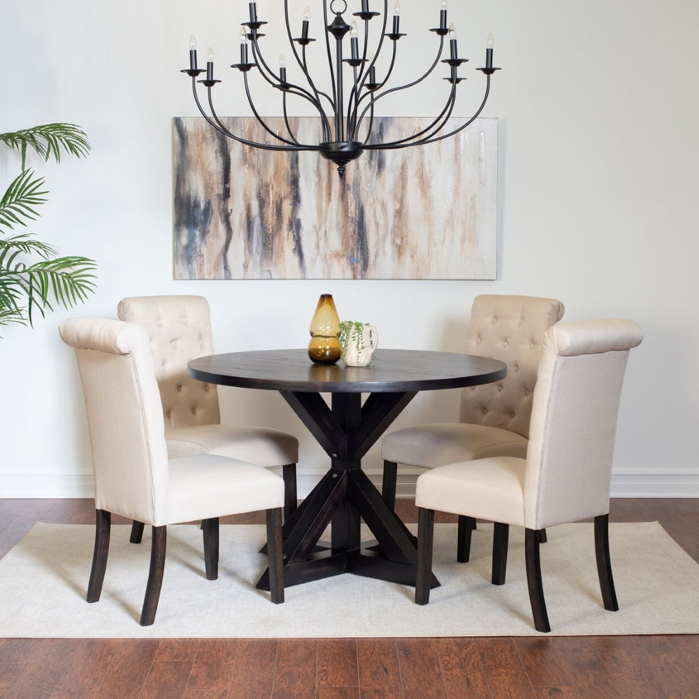 English Elm Nylander Round Pedestal Dining Set with Oak Veneer Top and Button Tufted Chairs T2574S00108