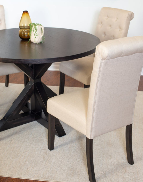 English Elm Nylander Round Pedestal Dining Set with Oak Veneer Top and Button Tufted Chairs T2574S00108